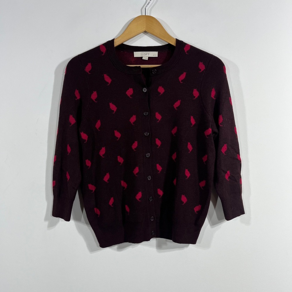 Ann Taylor Folk Cat Print Button Front Cardigan Sweater Women Medium Petite Boho